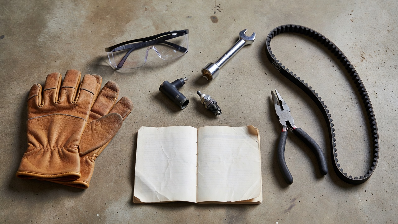 Safety gear and tools laid out before a lawn mower belt replacement including spark plug boot, gloves, and wrenches