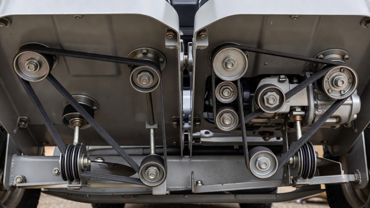 Side-by-side view of a riding mower's deck belt and drive belt systems showing their different pulley arrangements and routing paths.