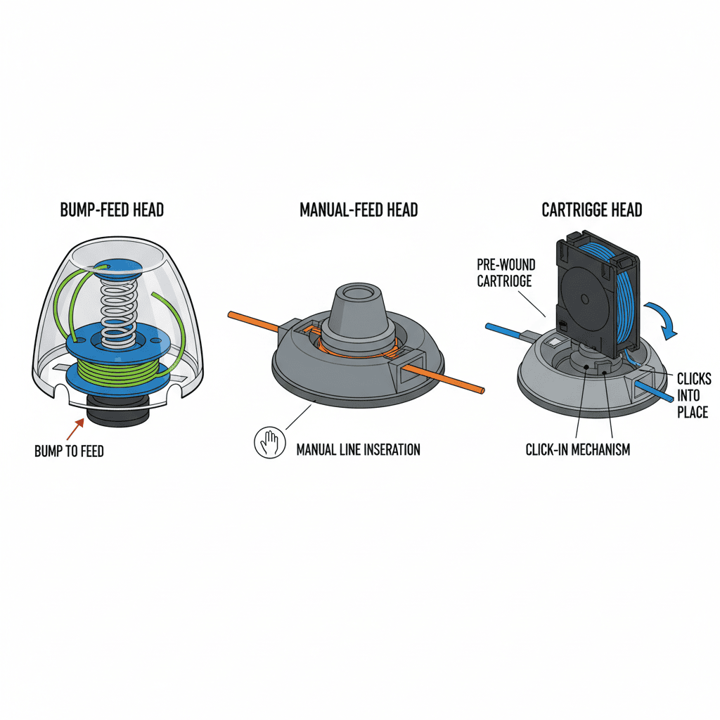 How Do You Put Trimmer Line on a String Trimmer? (Step-by-Step Guide) Cutaway diagrams comparing bump-feed, manual-feed, and cartridge trimmer head designs