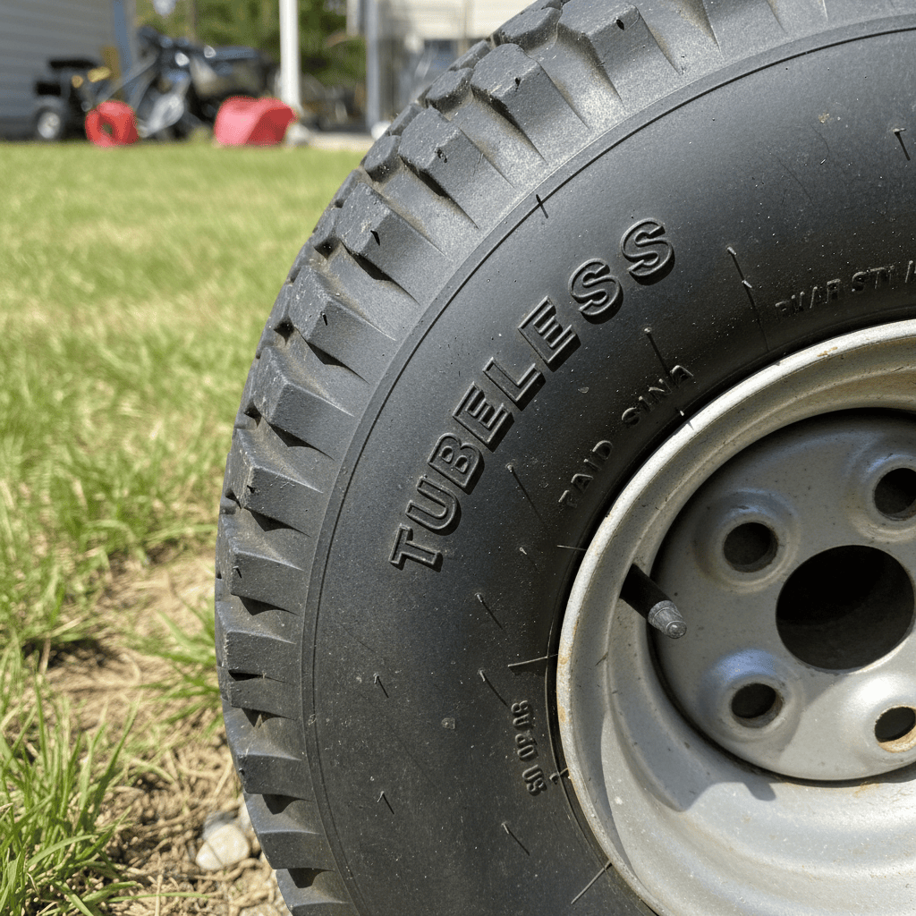 How Do You Put a Tube in a Lawn Mower Tire? (Step-by-Step Guide) Close-up of a lawn mower tire sidewall showing the 'TUBELESS' designation.