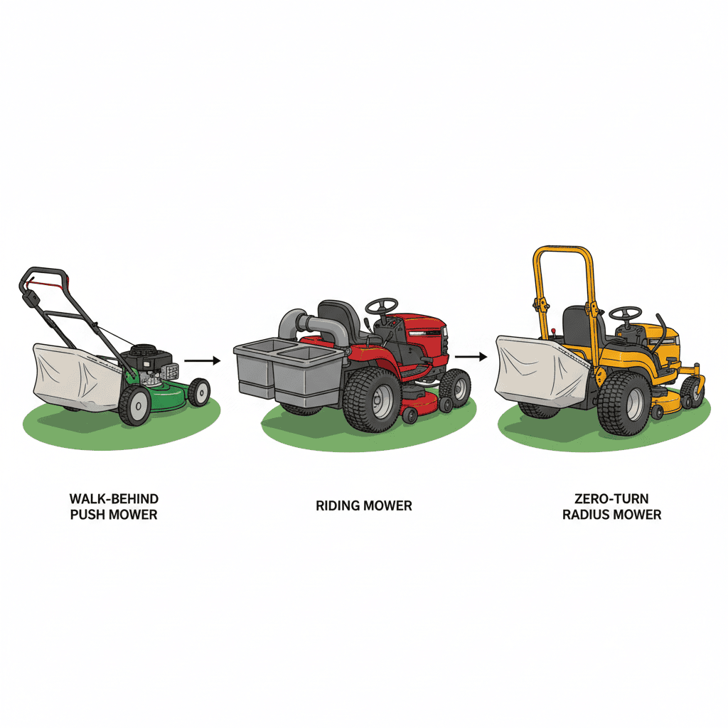 How Do You Put a Bag on a Lawn Mower? (Step-by-Step Installation Guide) Three lawn mower types displaying different bag attachment locations