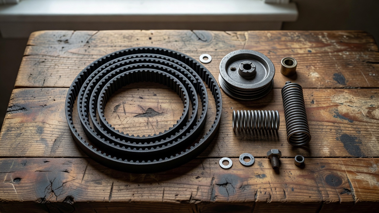 Lawn mower drive belt and pulley components on a workbench
