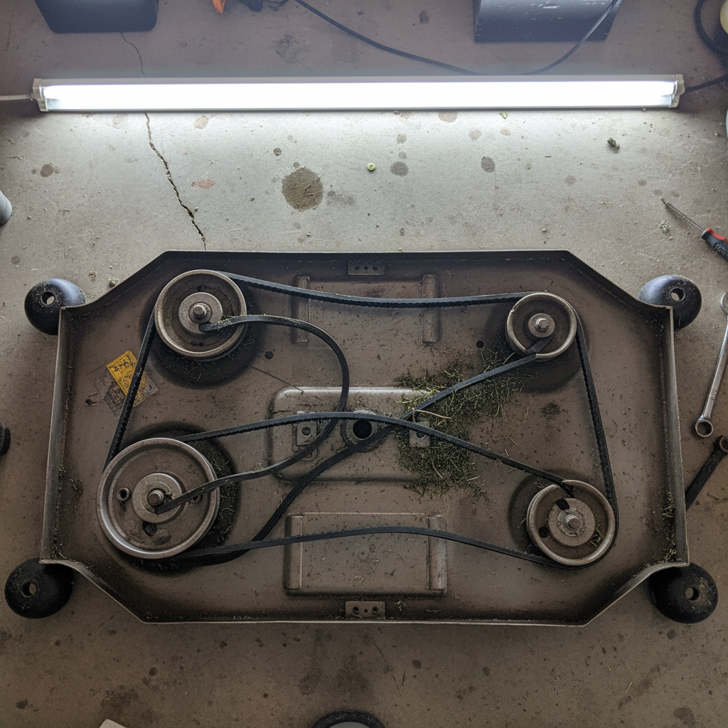 Underside of a riding mower deck showing deck belt routed around mandrel and idler pulleys