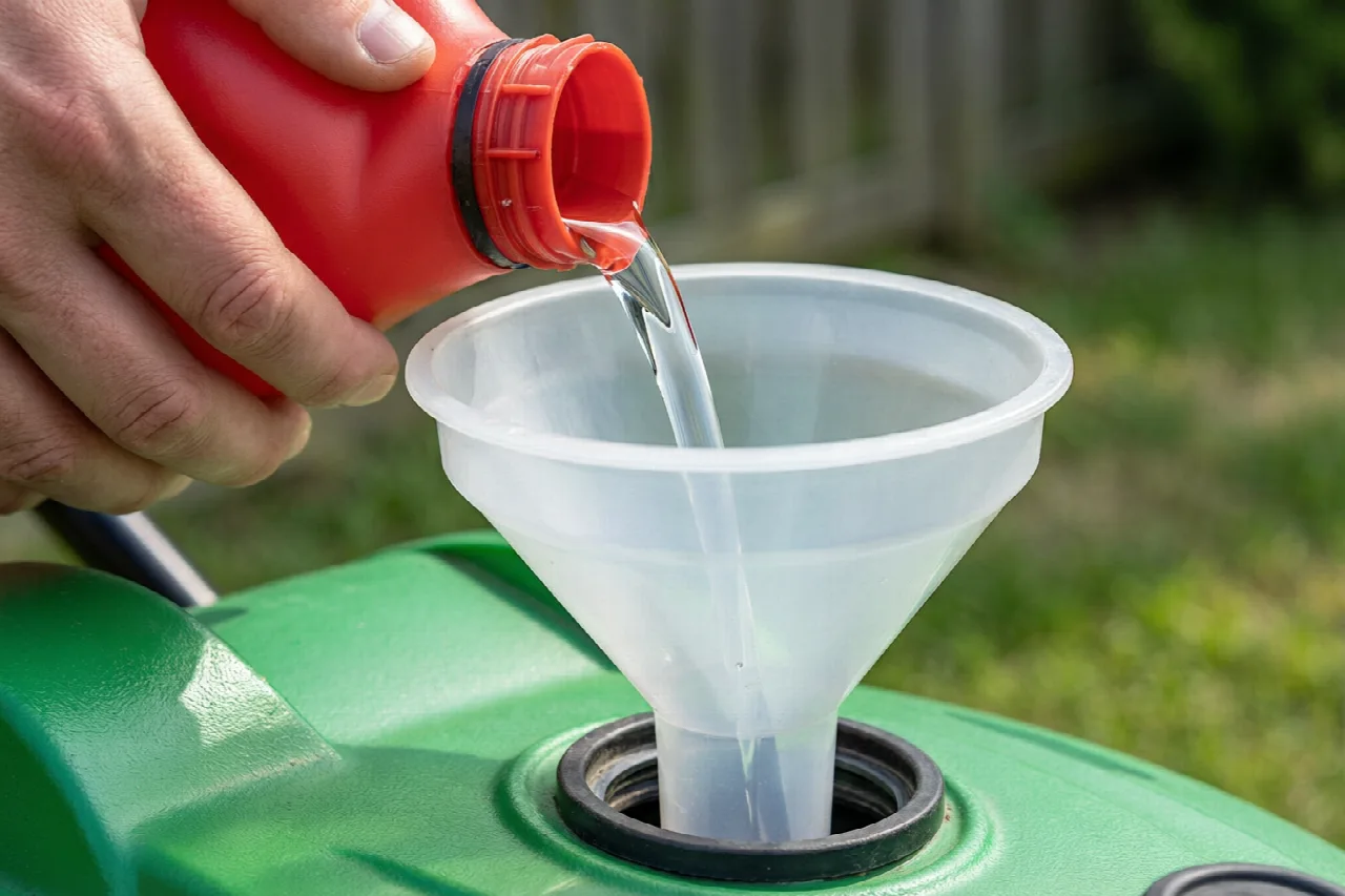 Hand pouring gasoline slowly through a funnel into a lawn mower fuel tank