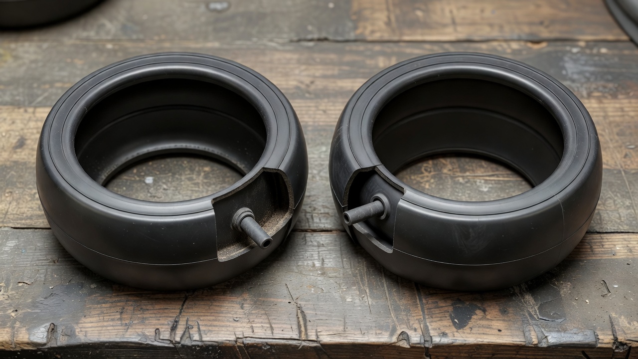 How Do You Put a Lawn Mower Tire on a Rim Safely? (Step-by-Step Guide) Cross-section comparison of a tubeless lawn mower tire and a tube-type lawn mower tire on a workbench
