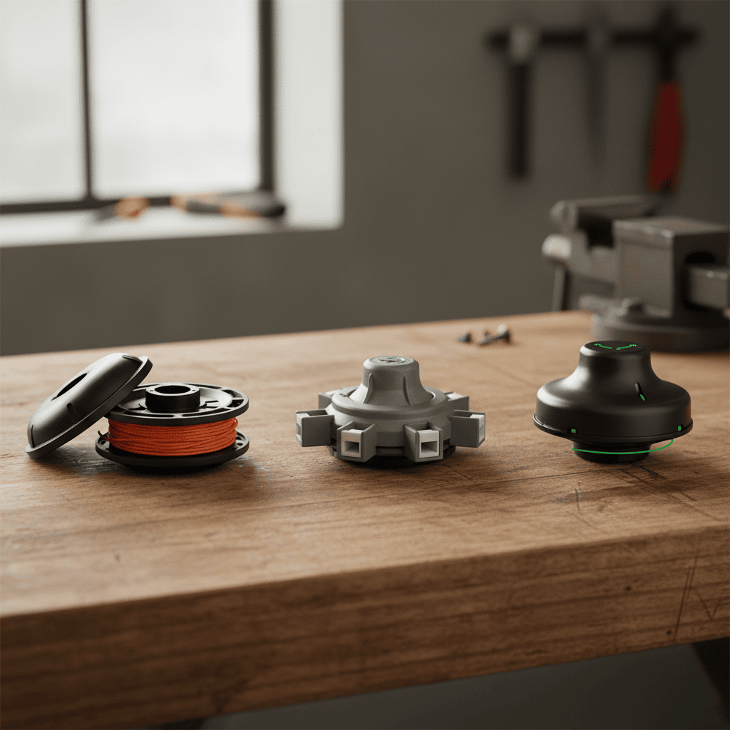 Three common weed eater head types arranged on a workbench for comparison