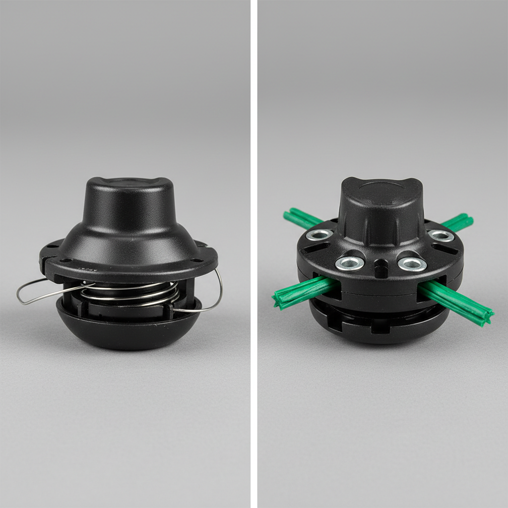 Side-by-side comparison of bump-feed trimmer head on left and fixed-line trimmer head on right