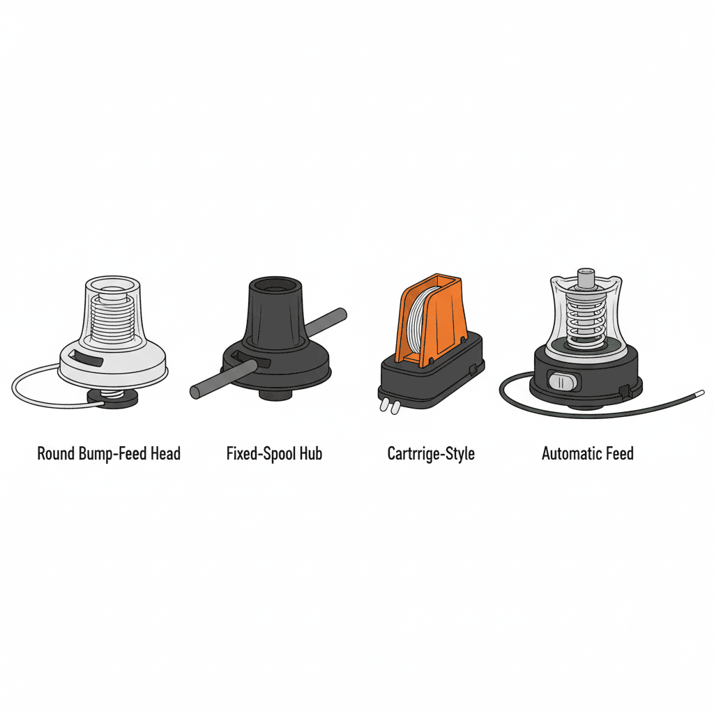Four different trimmer head designs displayed side-by-side: bump-feed, fixed-spool, cartridge, and automatic feed