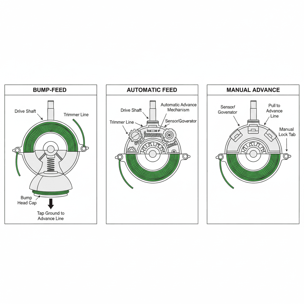 Three types of weed wacker line-feed systems