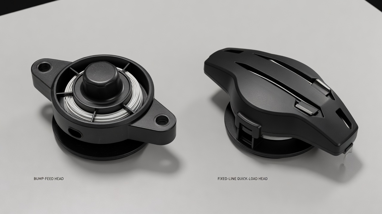 Two trimmer heads side by side: bump-feed head with bump knob and spool, and fixed-line head with slots