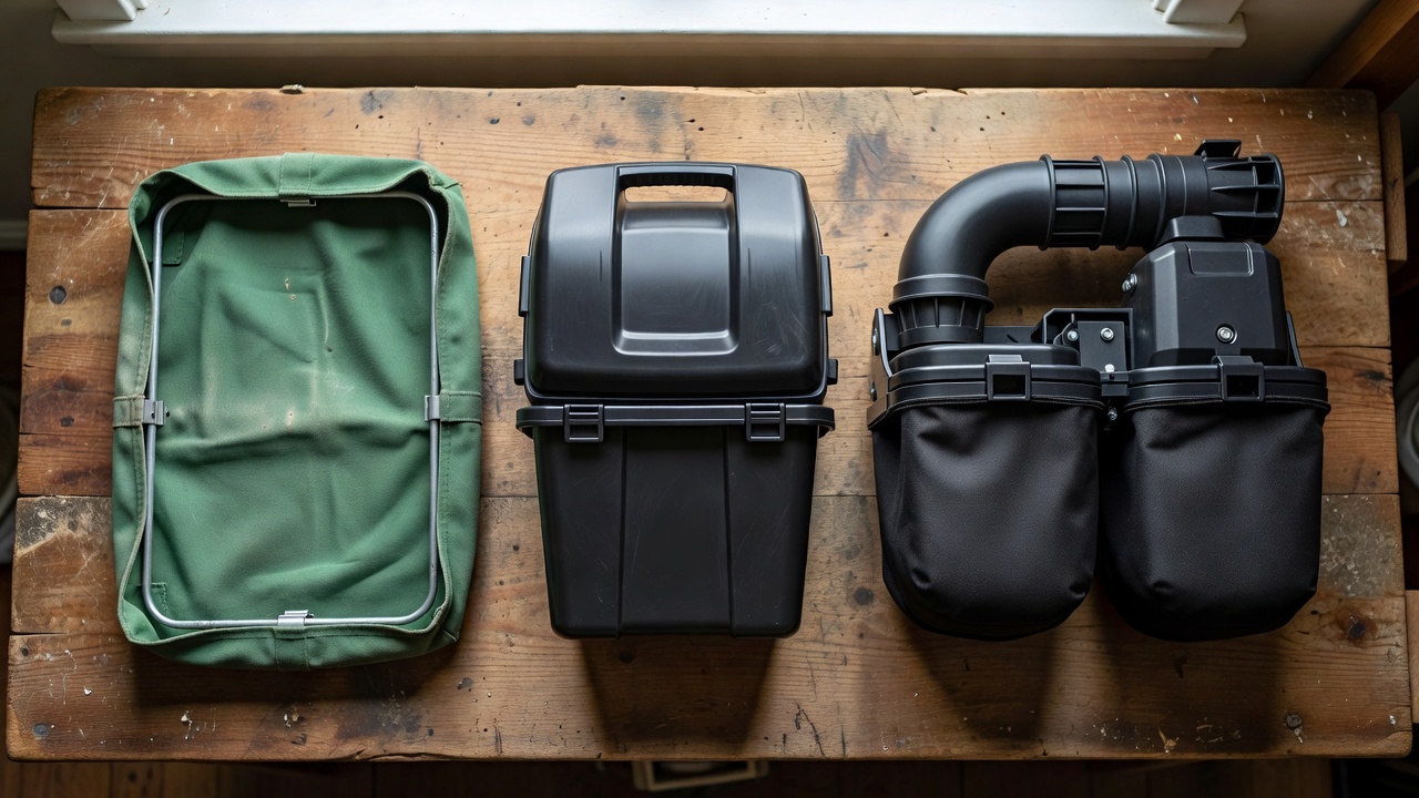 How Do You Put On a Lawn Mower Bag? (Push, Riding & Zero-Turn Guide) Three types of lawn mower bags laid out side by side on a workbench showing soft fabric, hard plastic, and rear-mount bagger styles