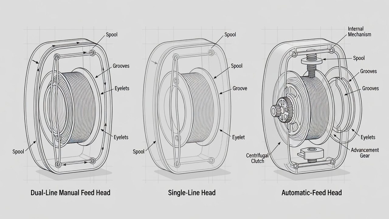 Three trimmer head designs showing dual-line, single-line, and automatic-feed systems with labeled components