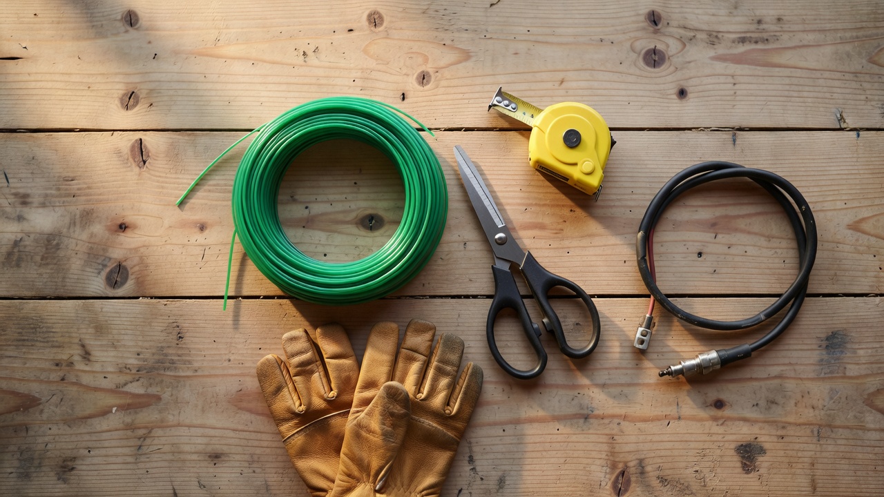 Flat-lay of trimmer line, scissors, tape measure, work gloves, and disconnected spark plug wire on a wooden surface