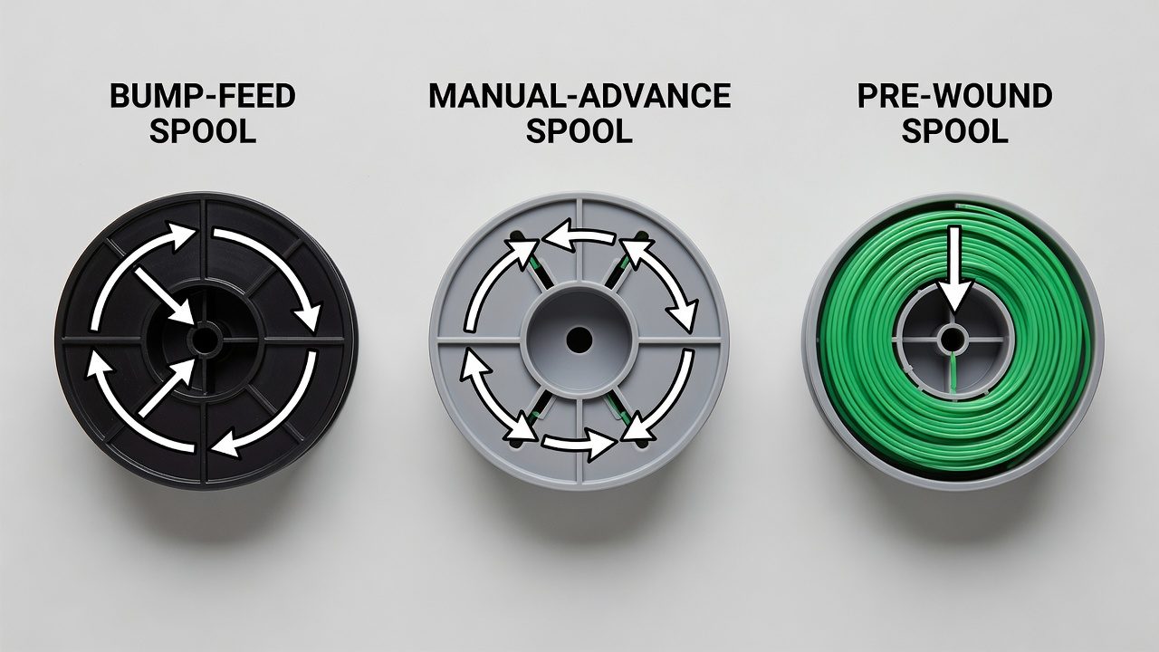 Three types of weed wacker spools: bump-feed, manual-advance, and pre-wound