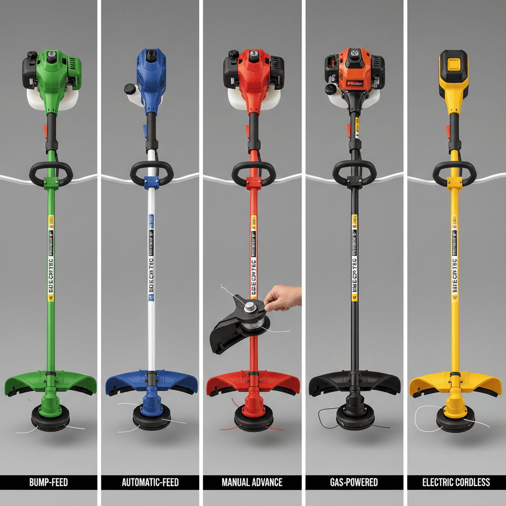 Five different string trimmer types displayed for comparison