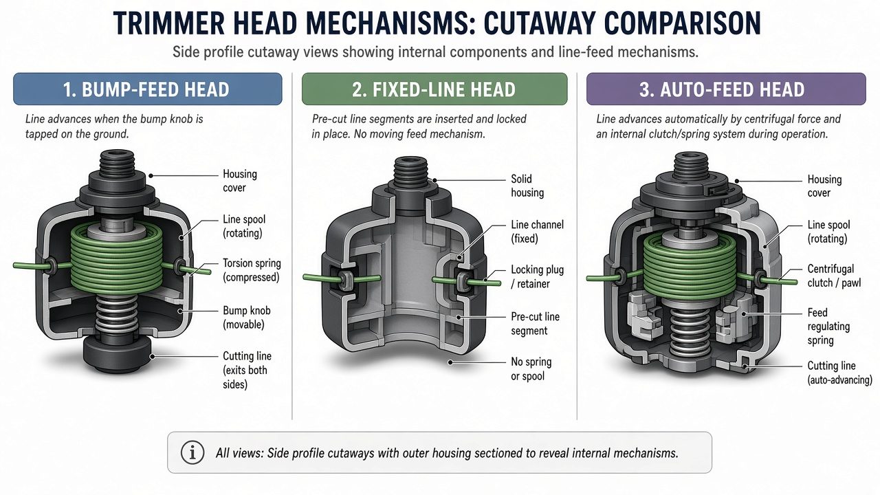 Comparison of three weed eater head types: bump-feed, fixed-line, and auto-feed