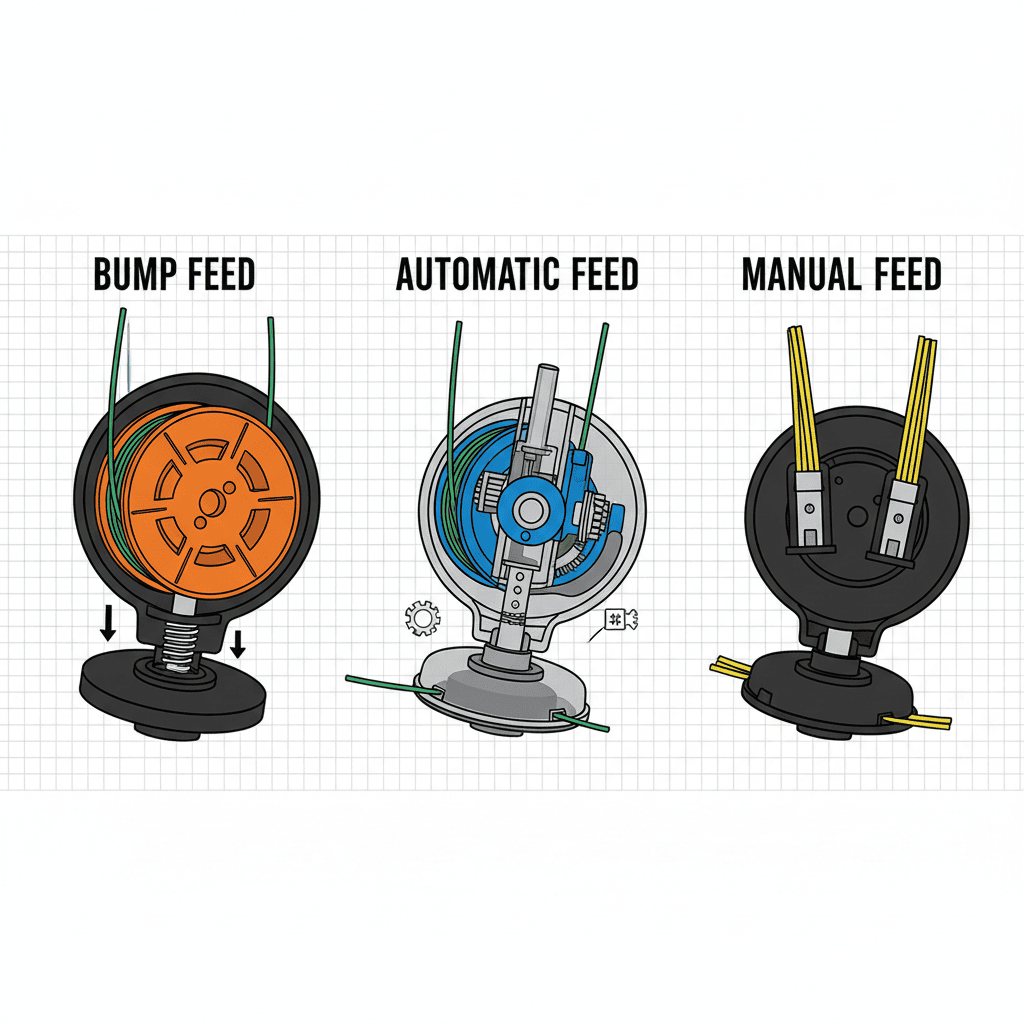 Three types of weed wacker feed systems: bump feed, automatic feed, and manual feed