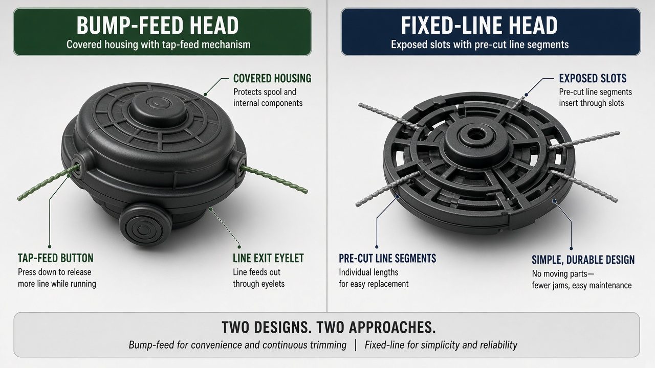 Bump-feed trimmer head compared to fixed-line trimmer head designs