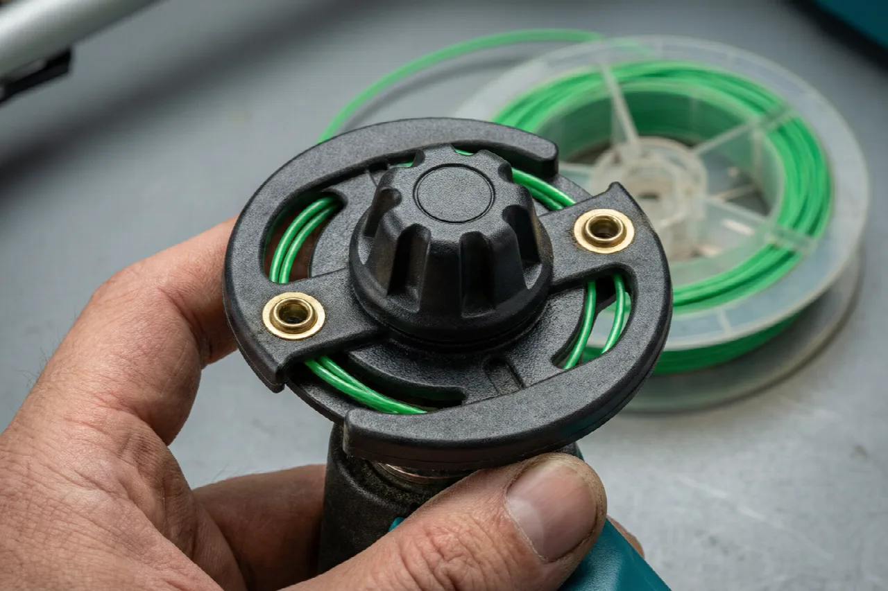 Close-up of a weed eater trimmer head with bump-feed mechanism