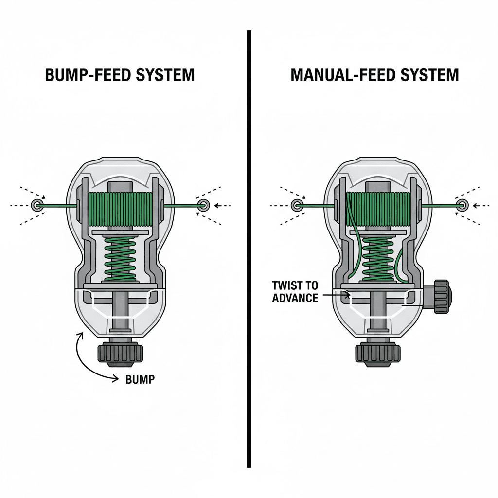 How Do You Put String in a Weed Wacker? (Step-by-Step Guide) Comparison diagram of bump-feed versus manual-feed weed wacker systems