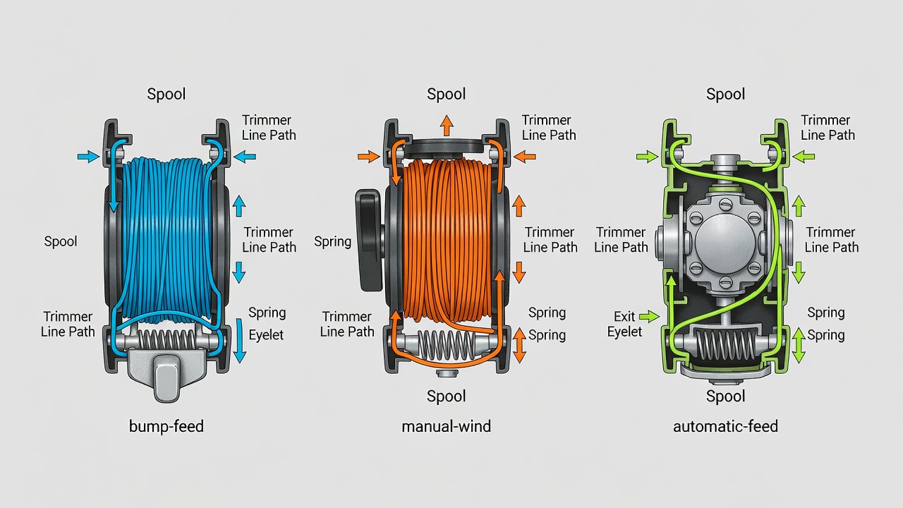 Comparison of three weed eater trimmer head types showing internal spool mechanisms