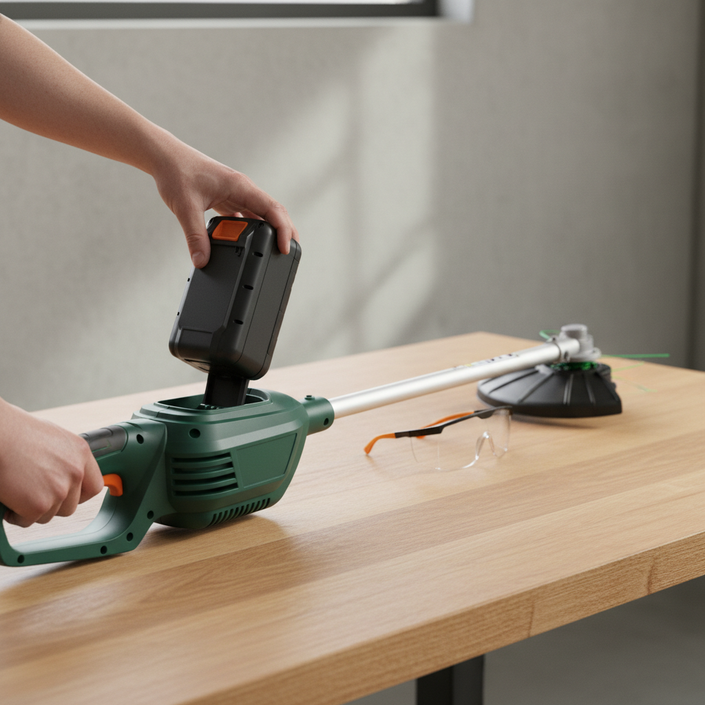 Hands removing a battery pack from a string trimmer on a workbench.