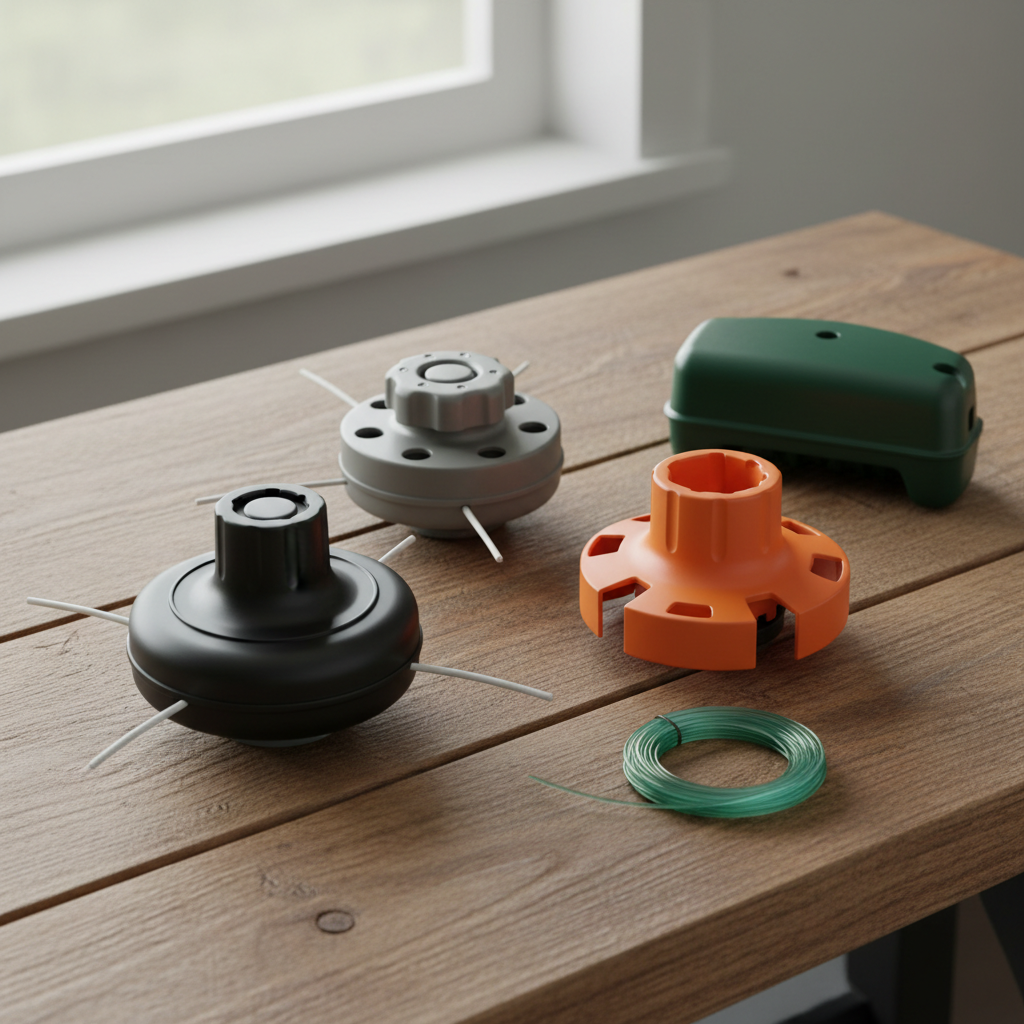 How to Put Trimmer Line on Four different string-trimmer heads and a coil of nylon line on a wooden bench