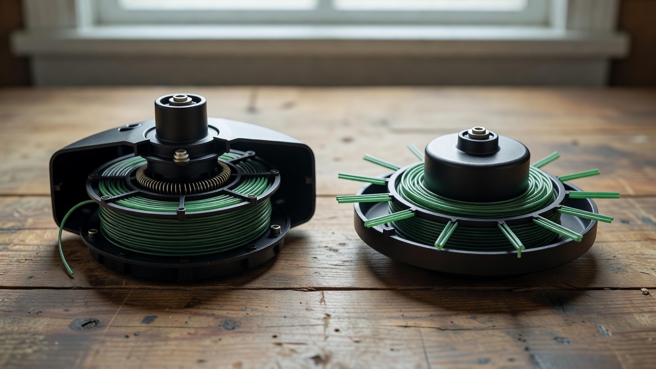 Comparison of bump-feed and fixed-line trimmer heads showing internal mechanisms and line storage differences.