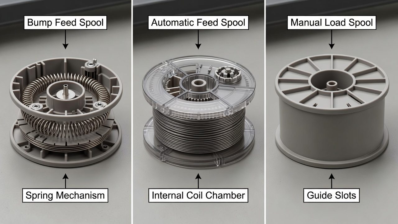 Understanding Your Weed Eater’s String System Three types of weed eater spools compared: bump feed, automatic feed, and manual load