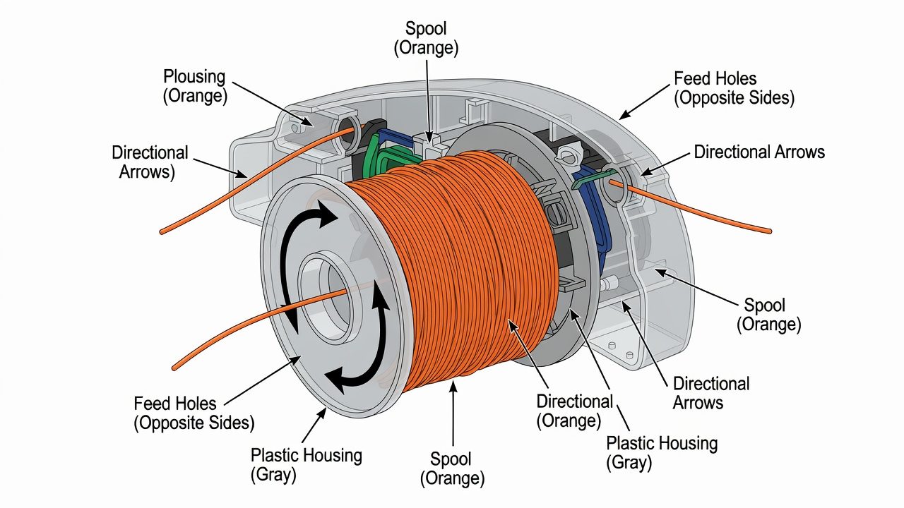 Cross-section illustration of trimmer head components including spool, feed holes, and housing