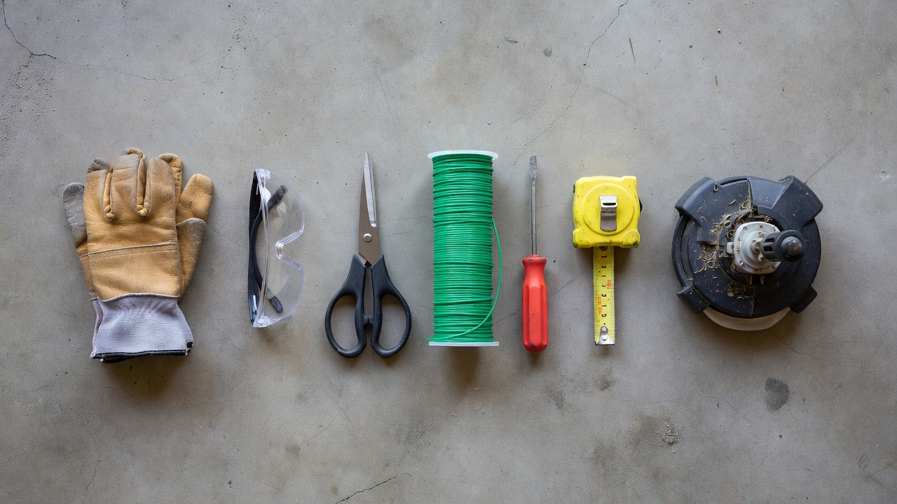 Overhead flat-lay of tools and materials needed to restring a weed wacker including gloves, glasses, scissors, trimmer line, screwdriver, and tape measure