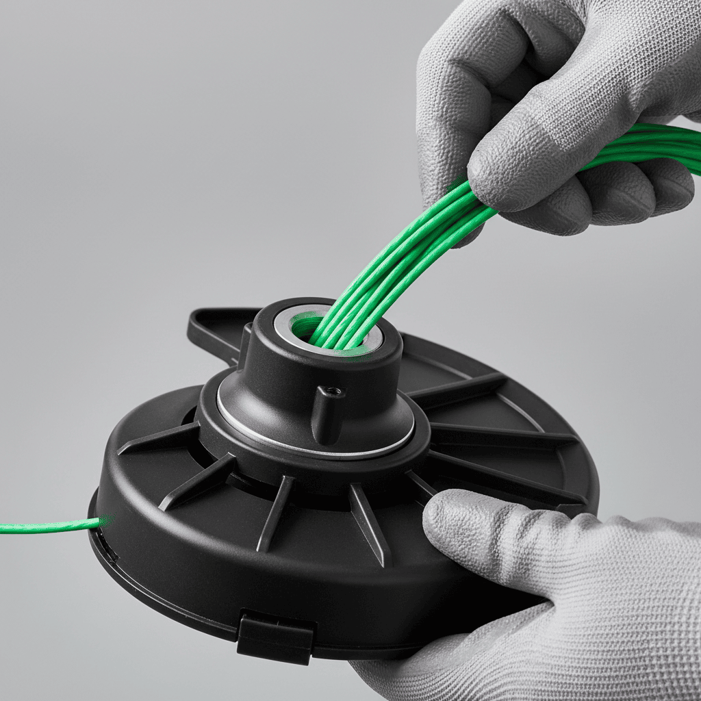 Close-up of trimmer line being threaded through the eyelet of a weed wacker head