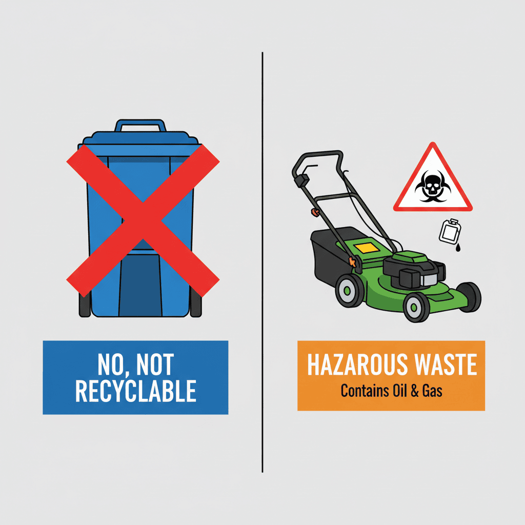 A graphic showing a lawn mower cannot go in a curbside recycling bin.