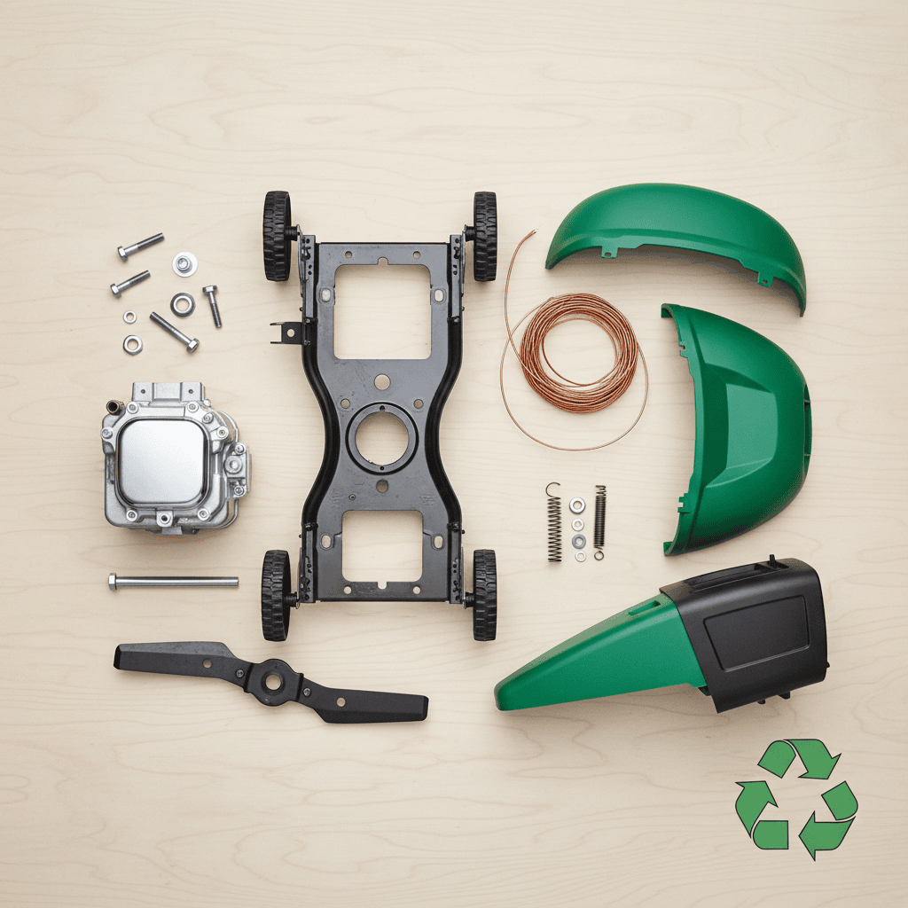 Disassembled lawn mower parts grouped by material for recycling
