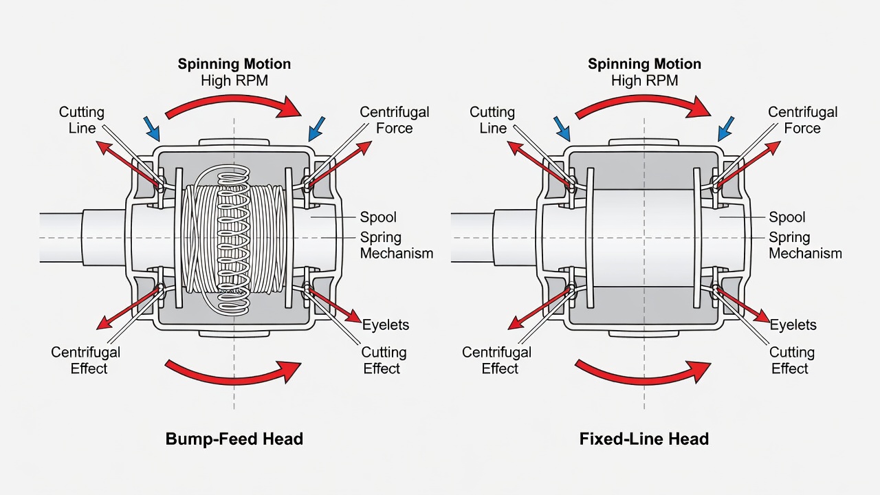 Cross-section comparison of bump-feed and fixed-line trimmer head mechanisms