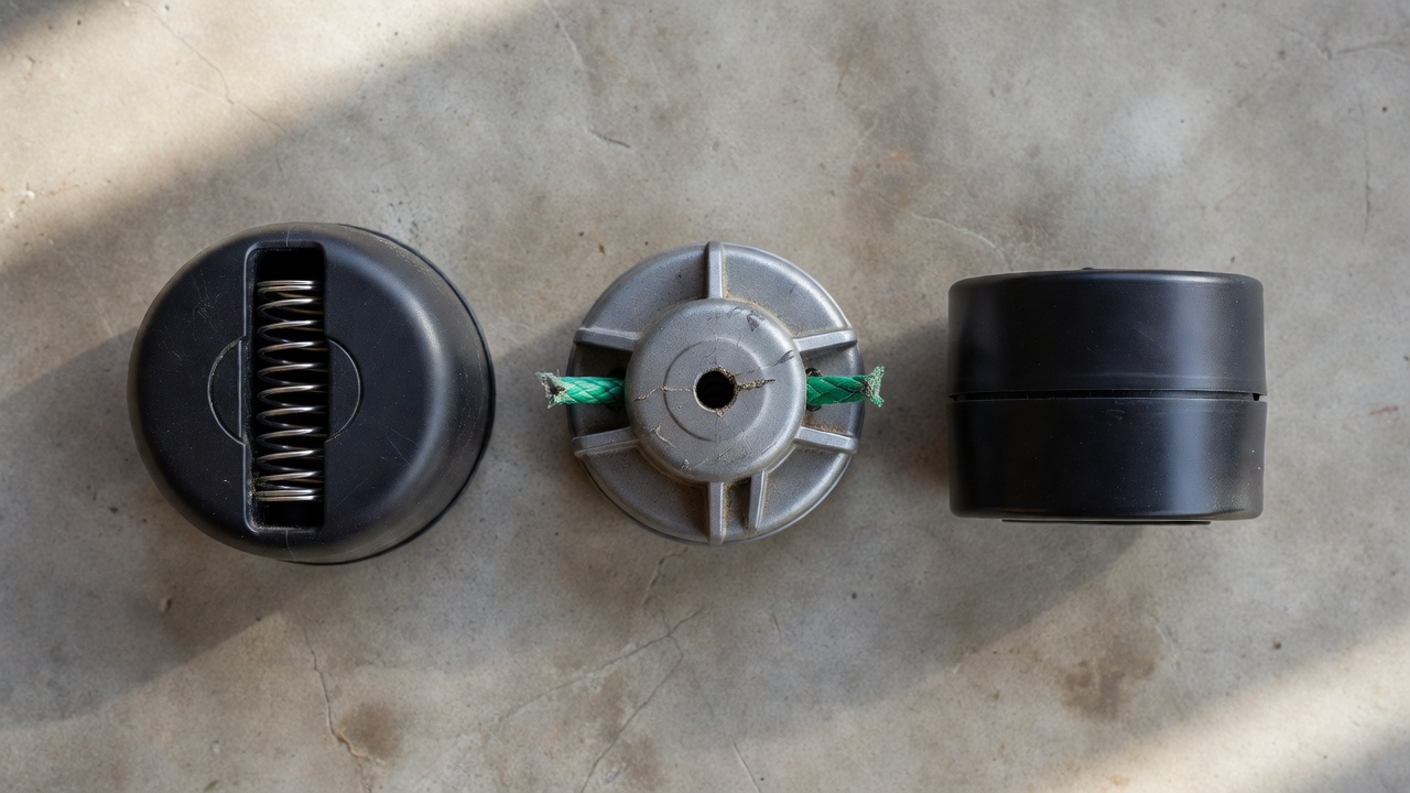 Three trimmer head types — bump feed, fixed-line, and pre-wound cassette — laid out side by side
