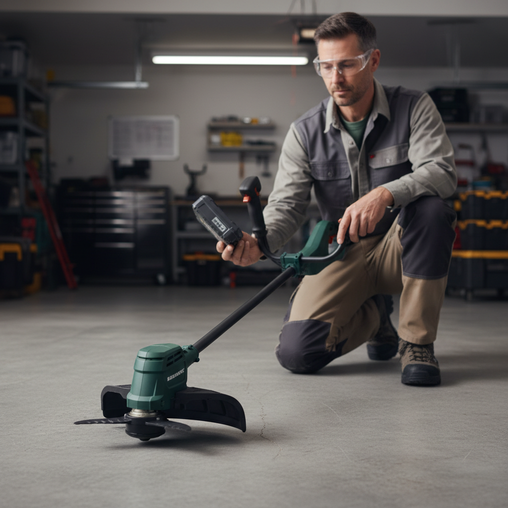 How to Refill Weed Eater String Person setting a removed battery aside before servicing a trimmer