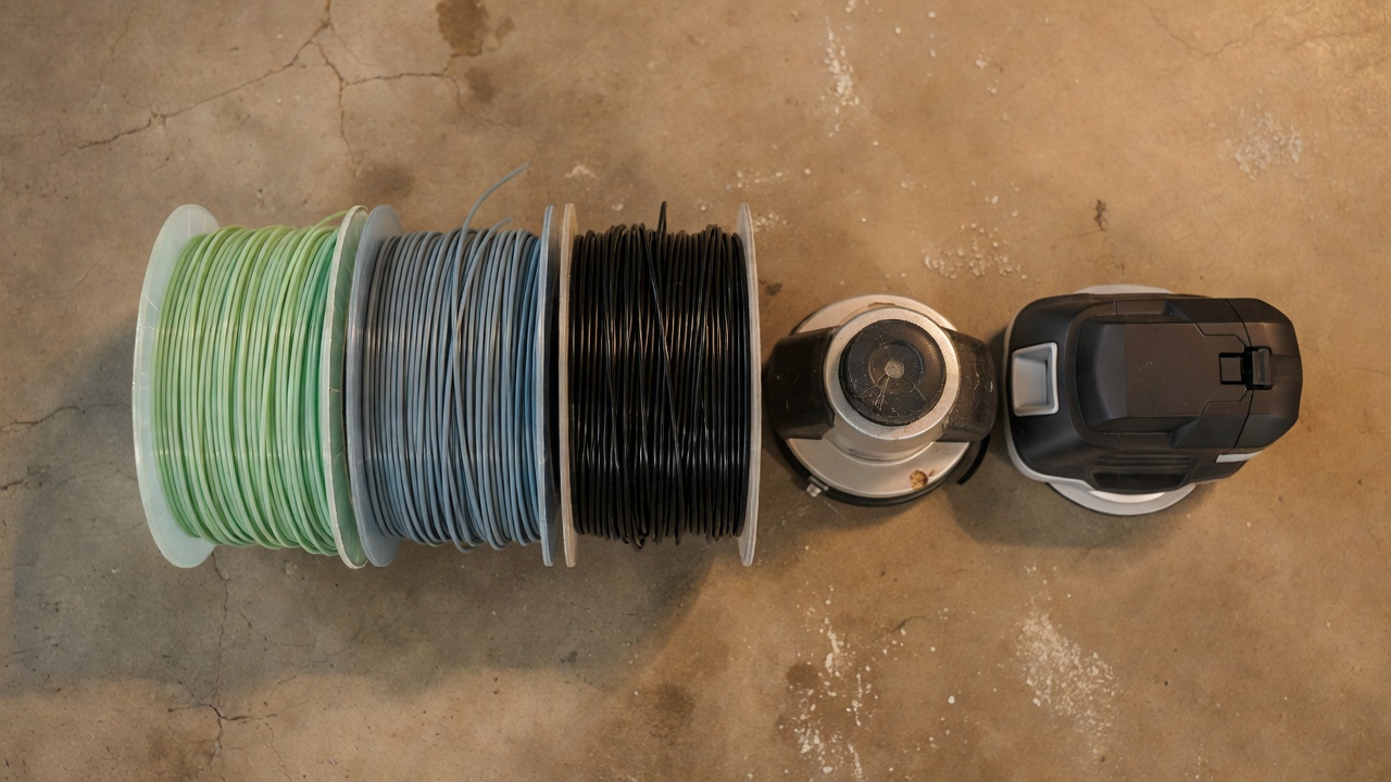 Three trimmer line gauges and two spool types laid out on a concrete garage floor