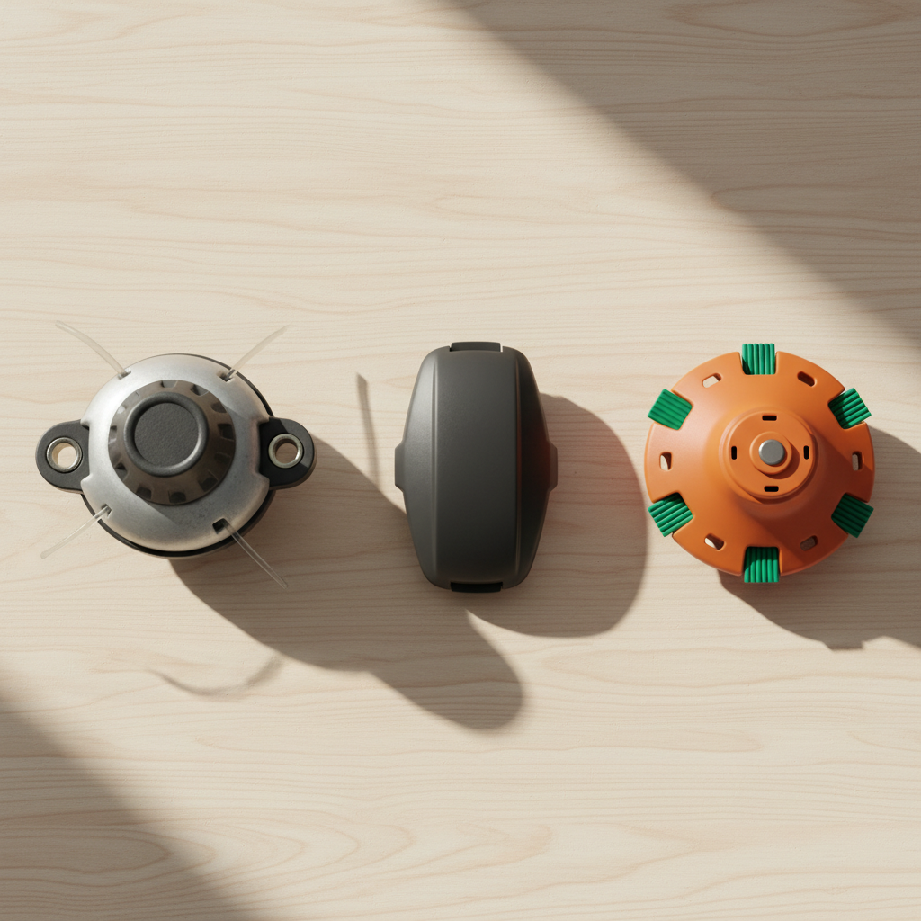 Three different string-trimmer cutting heads arranged side by side on a workbench.