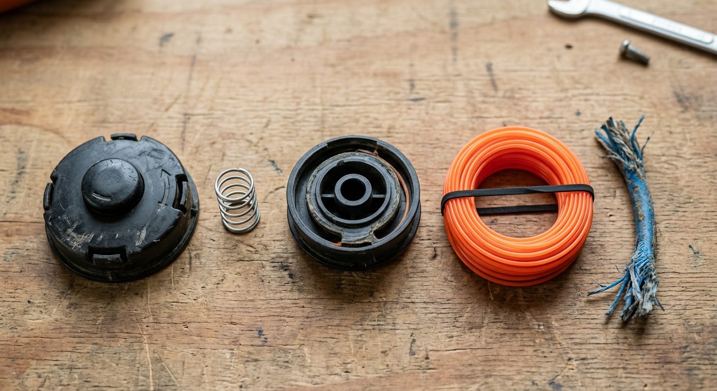 Disassembled weed wacker head with cap, spring, empty spool, fresh line spool, and worn old line arranged on a workbench.