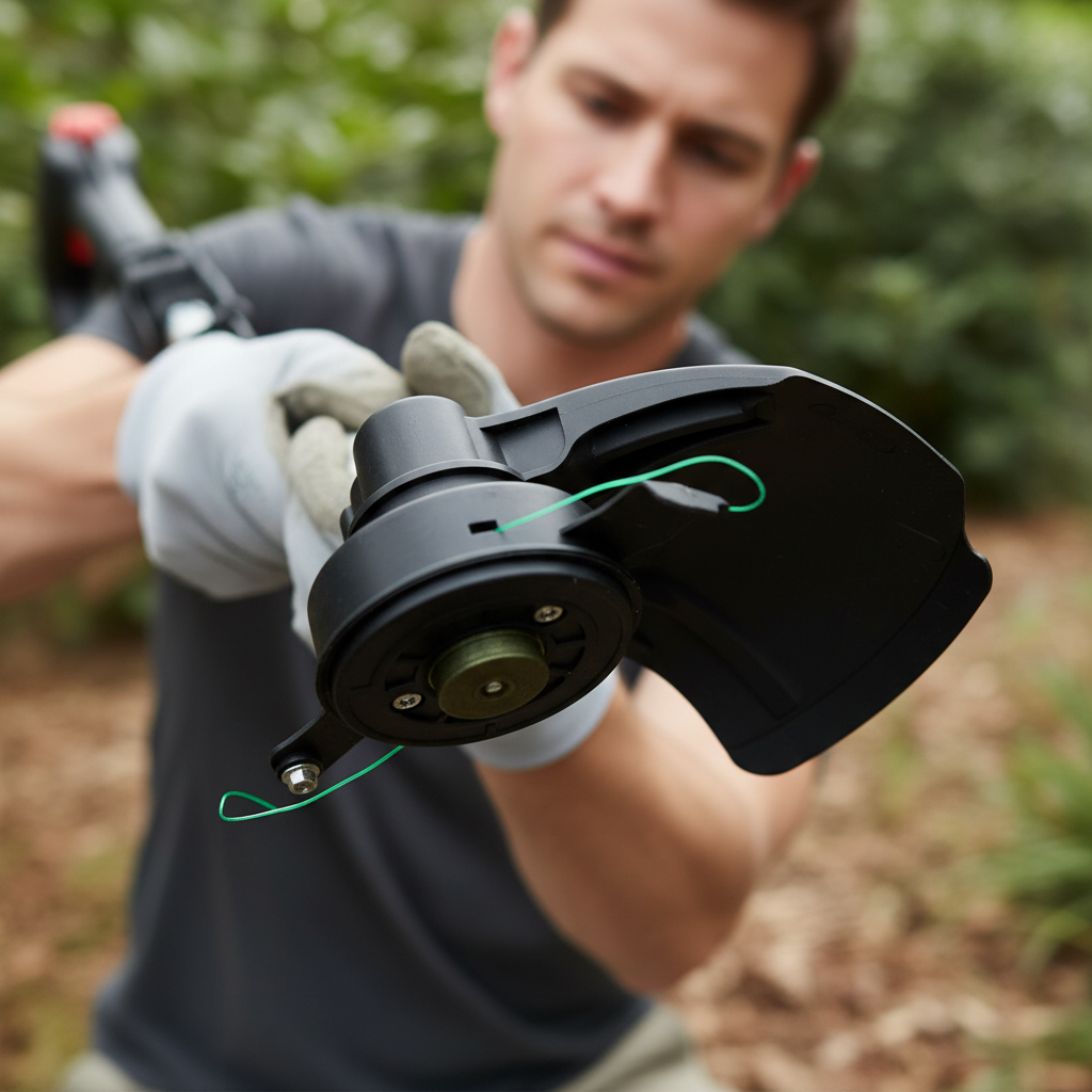 How to Reload String Trimmer Person inspecting the underside of a resting string trimmer cutting head