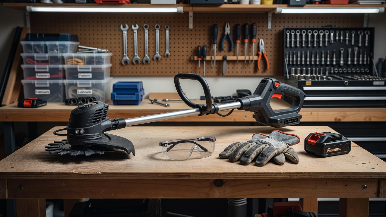 How to Reload a Weed Eater: Step-by-Step Guide for Every Trimmer Head Type A string trimmer on a workbench with safety glasses and gloves placed nearby.