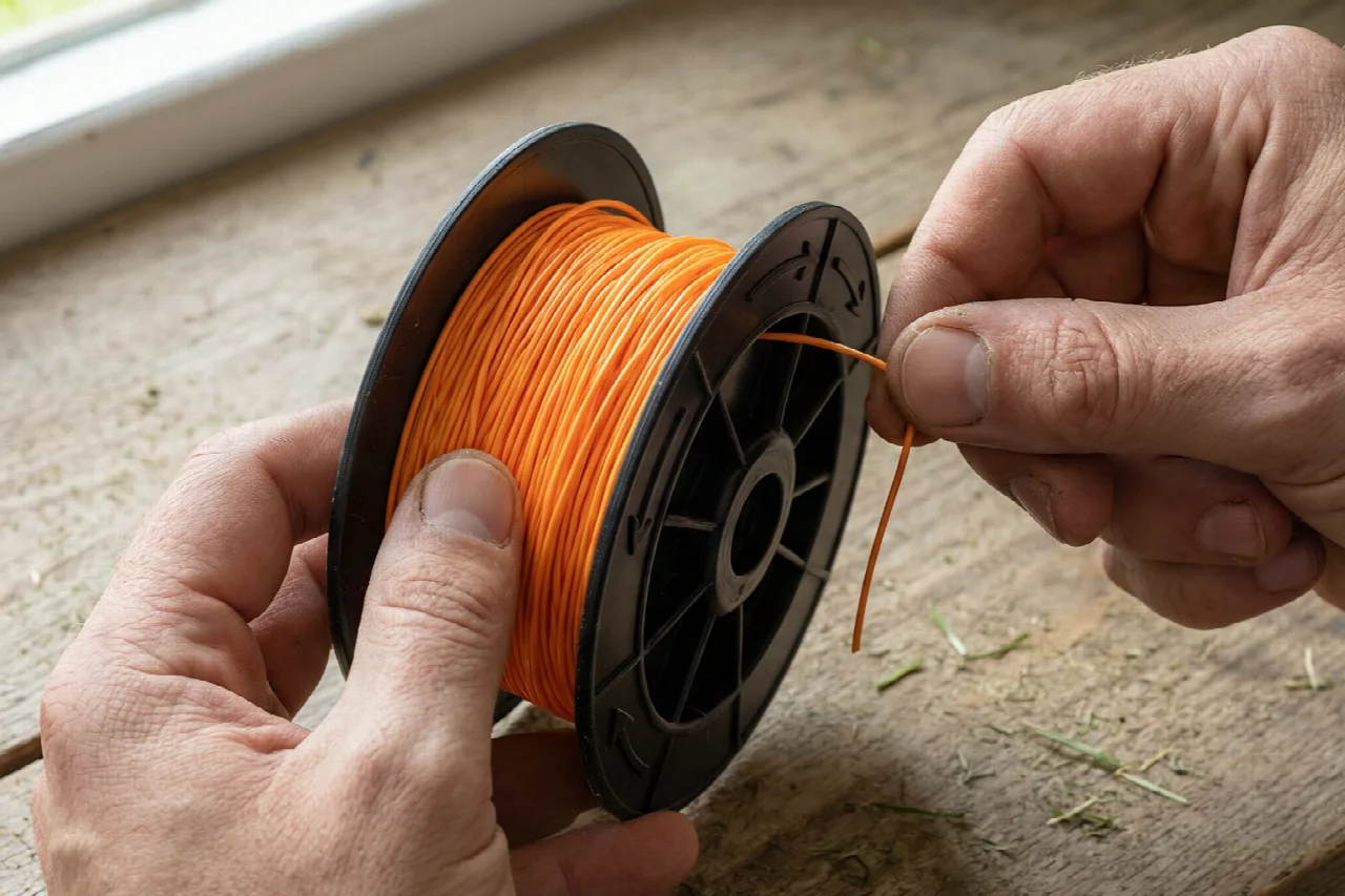 Hands winding trimmer line onto a spool following directional arrows
