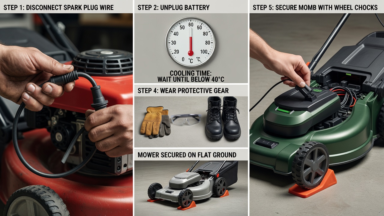 Safety precautions for lawn mower blade removal including spark plug disconnect and protective equipment