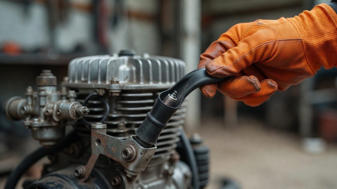How Do You Remove a Lawn Mower Blade That Is Stuck? (Step-by-Step Safety Guide) Gloved hand disconnecting a spark plug wire from a lawn mower engine before blade work