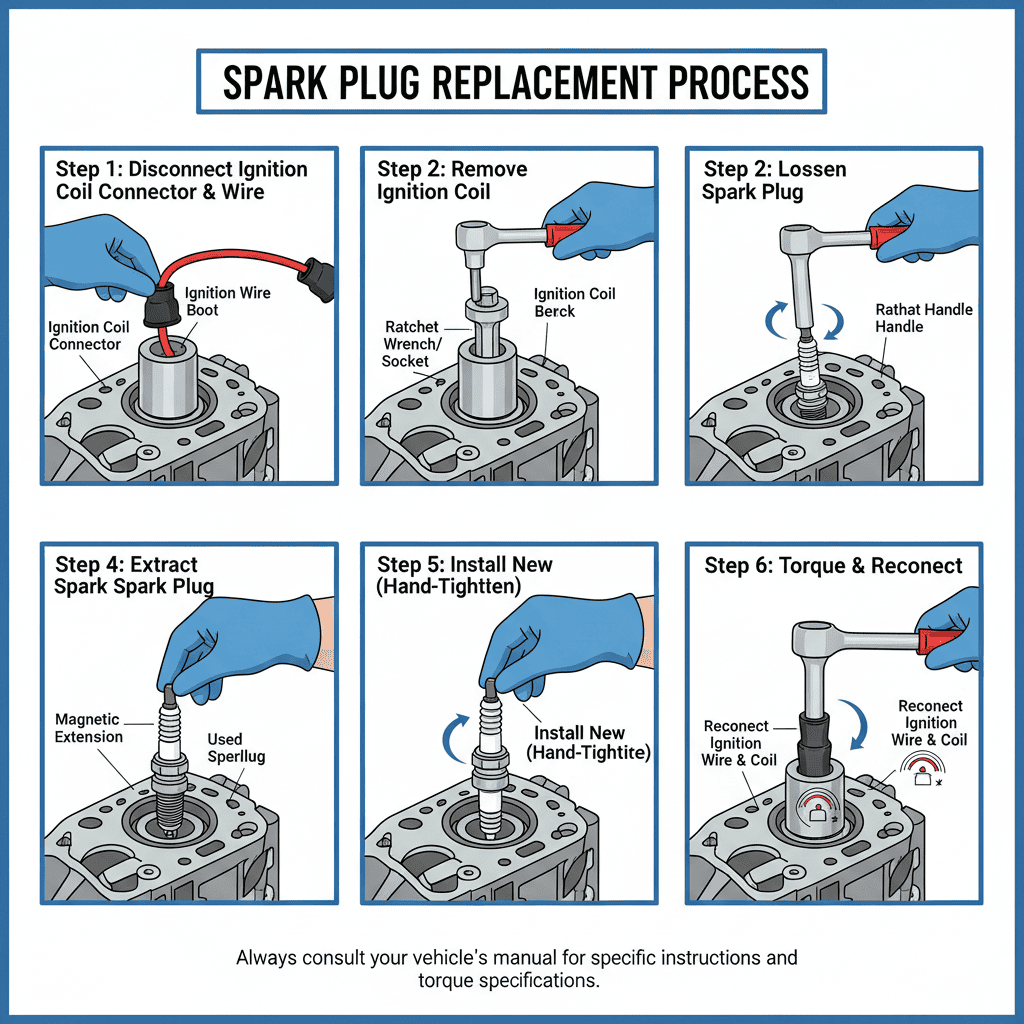 Step-by-step guide illustration for removing a lawn mower spark plug