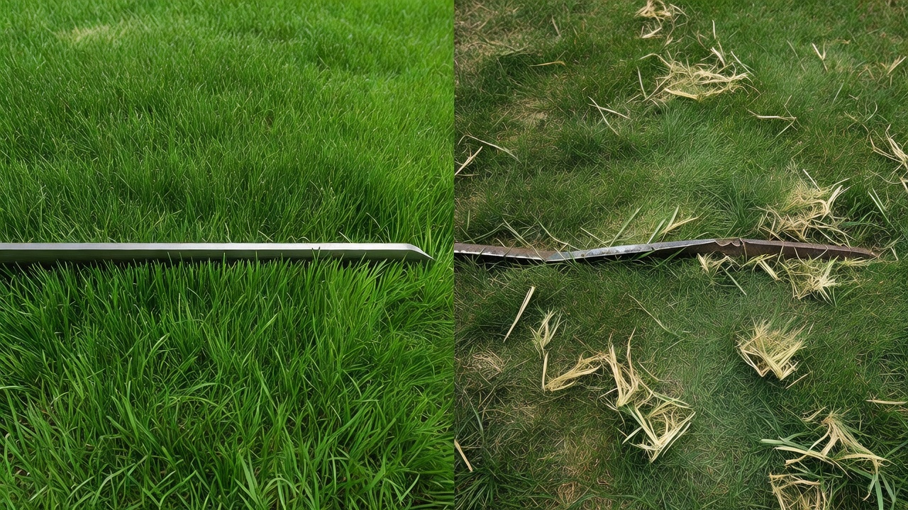 Comparison of clean lawn cut by sharp blade versus damaged lawn cut by dull or bent blade