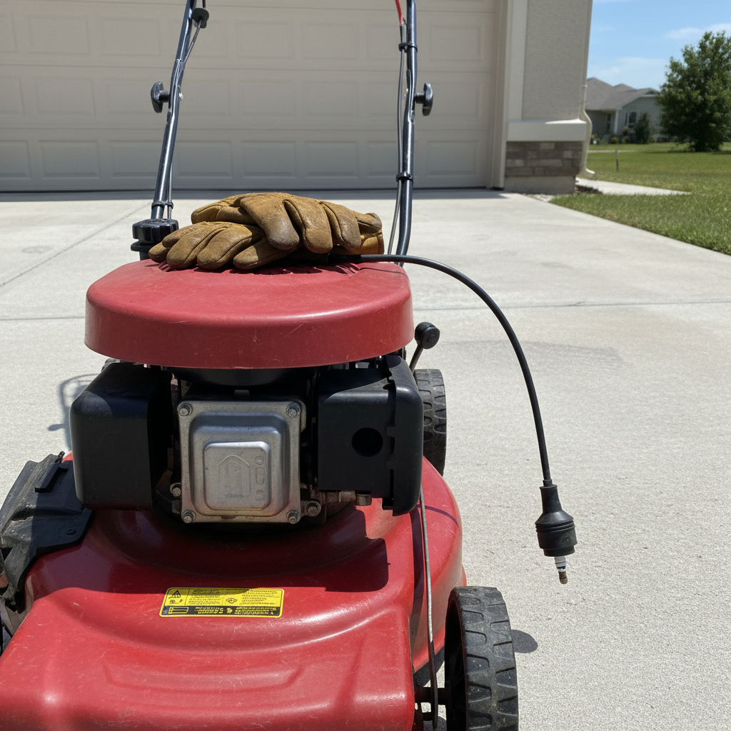 Disconnected spark plug boot on a push mower engine with mechanic's gloves resting on the mower deck