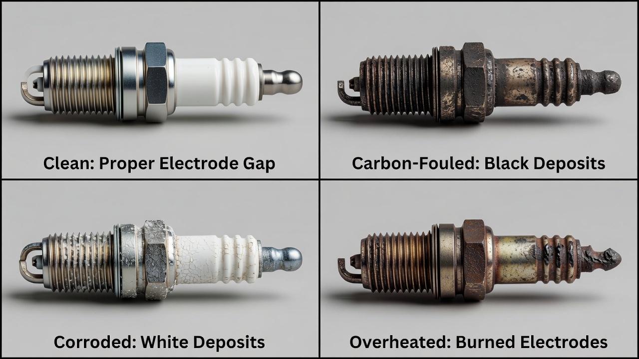 Four spark plug conditions showing clean, fouled, corroded, and overheated examples