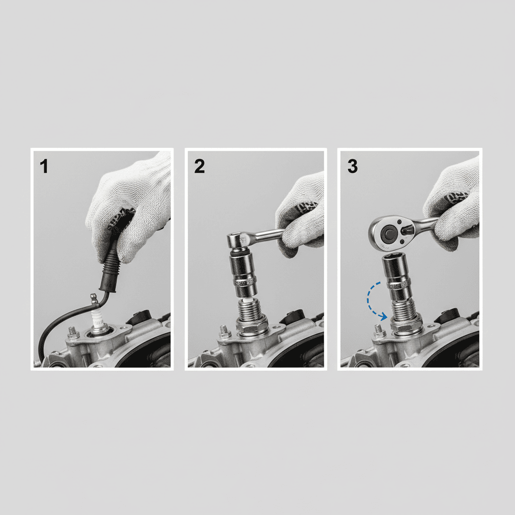 Sequential steps for spark plug removal: disconnecting the wire, fitting the socket, and turning with a ratchet.